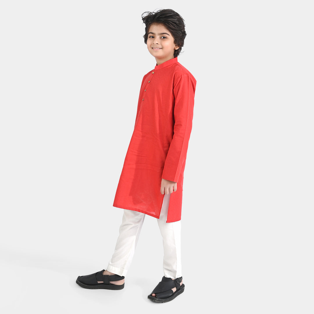 Boys Cotton Jacquard Basic Kurta-Red