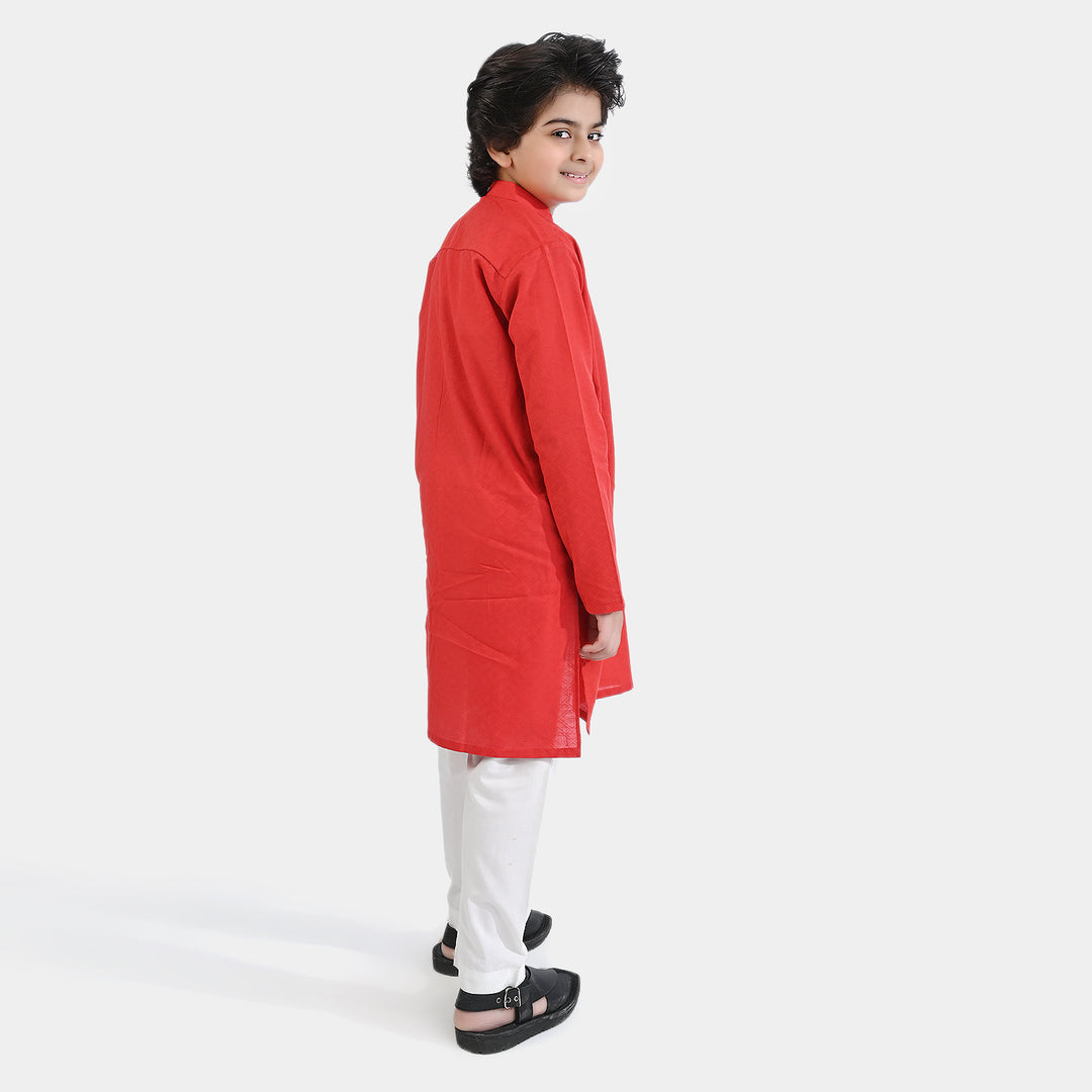 Boys Cotton Jacquard Basic Kurta-Red