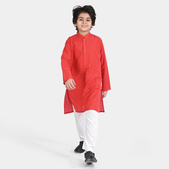 Boys Cotton Jacquard Basic Kurta-Red