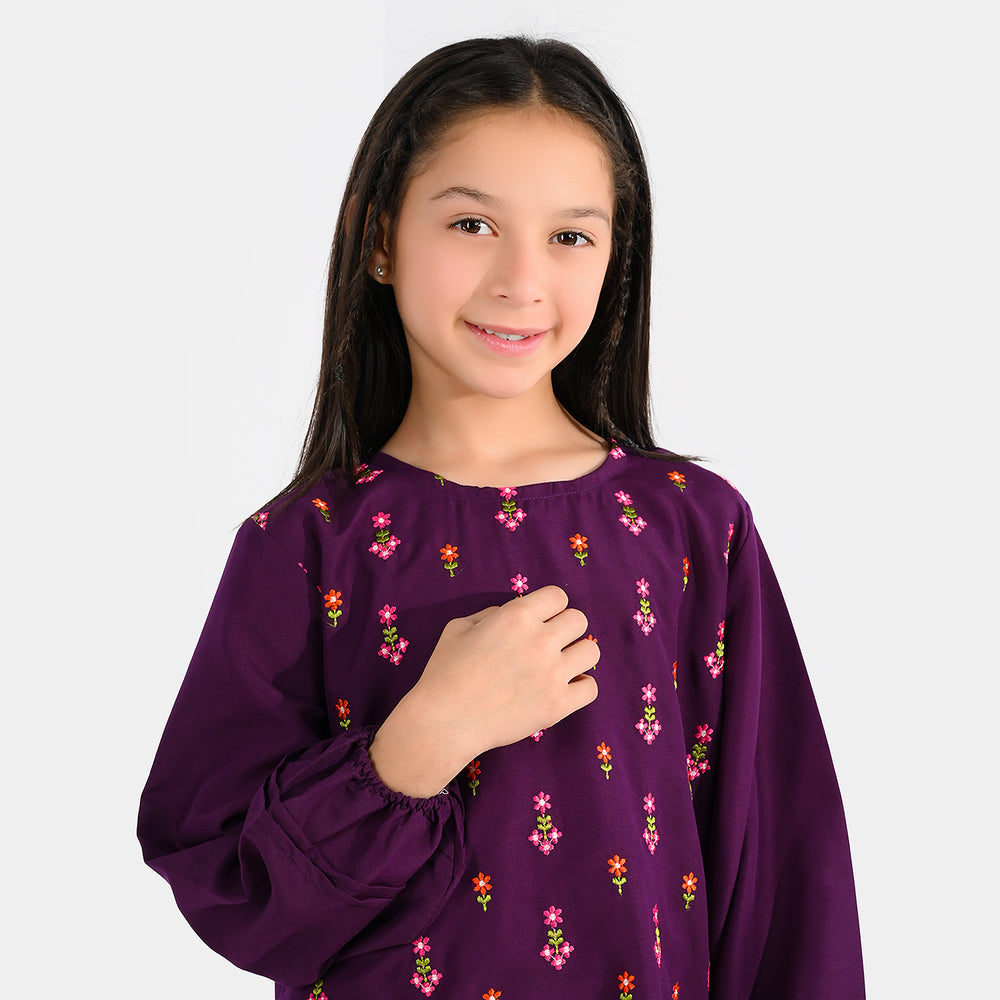 Girls Poly Cambric Embroidered Kurti – Purple