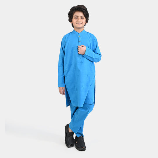 Boys Cotton Slub Shalwar Suit EMB-Blue