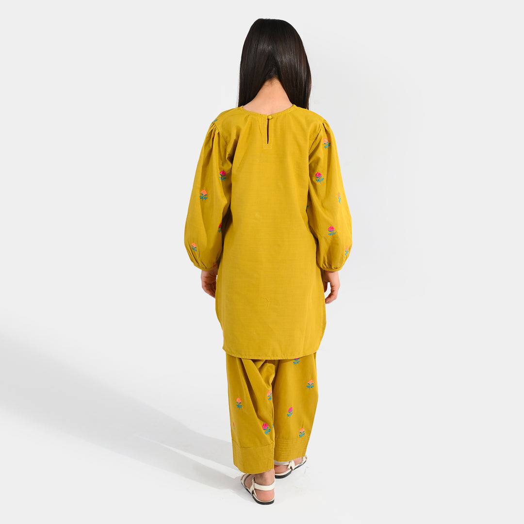 Girls Cotton Slub Embroidered 2-Piece Set (Sama) - Dhani Green