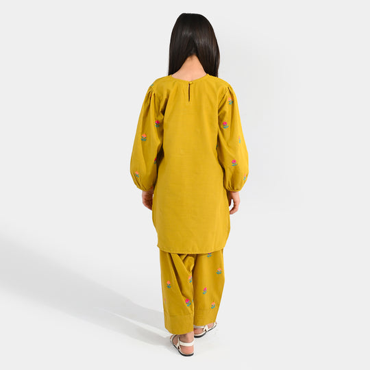 Girls Cotton Slub Embroidered 2-Piece Set (Sama) - Dhani Green