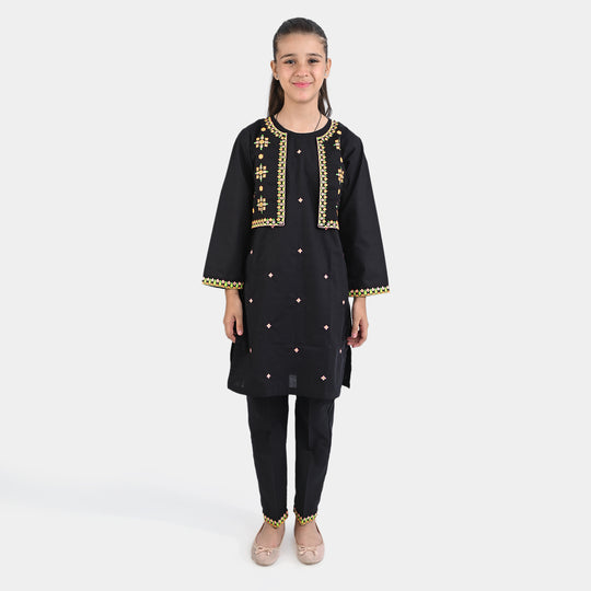 Girls Cotton Slub Emb 2Pcs Gulistan-BLACK