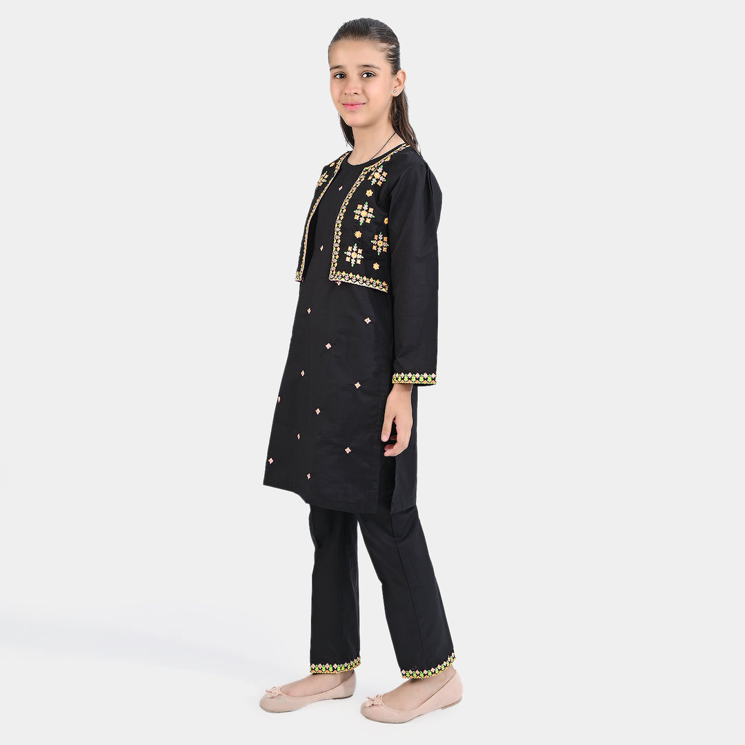 Girls Cotton Slub Emb 2Pcs Gulistan-BLACK