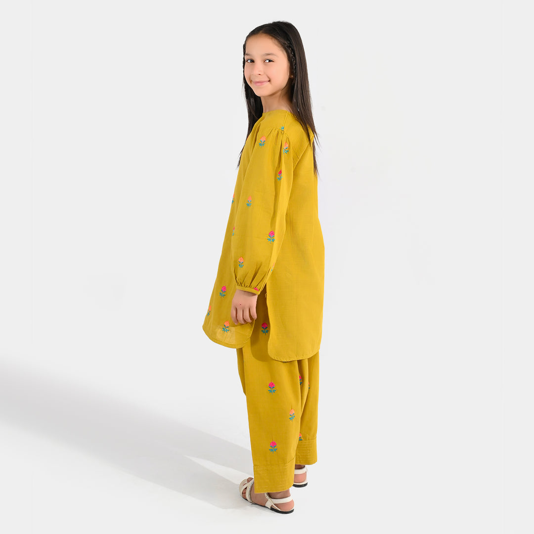 Girls Cotton Slub Embroidered 2-Piece Set (Sama) - Dhani Green