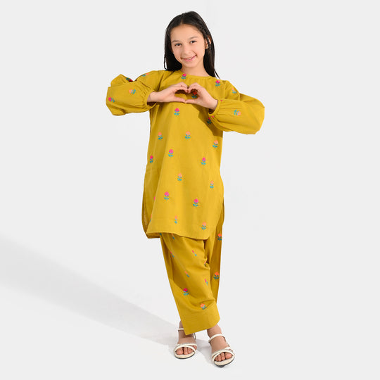Girls Cotton Slub Embroidered 2-Piece Set (Sama) - Dhani Green