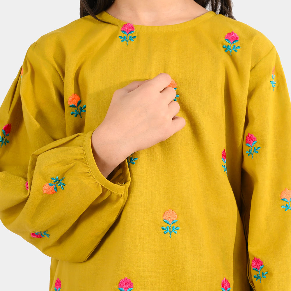 Girls Cotton Slub Embroidered 2-Piece Set (Sama) - Dhani Green