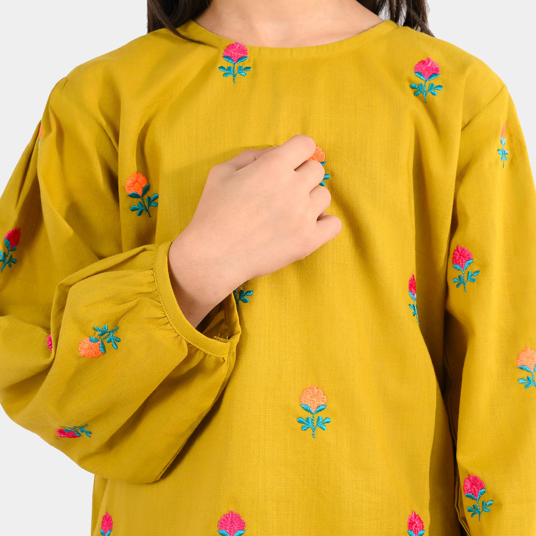 Girls Cotton Slub Embroidered 2-Piece Set (Sama) - Dhani Green