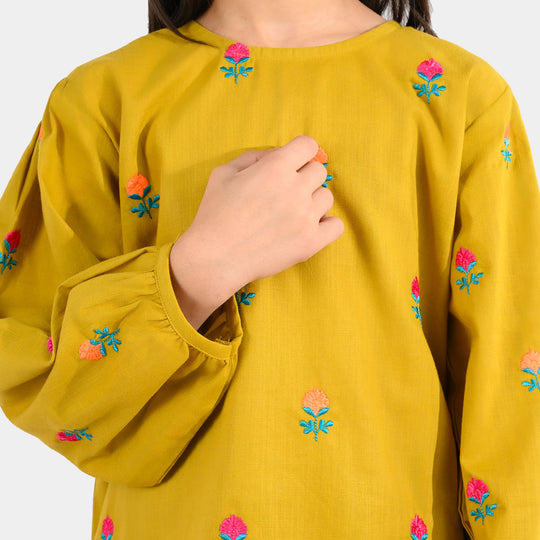 Girls Cotton Slub Embroidered 2-Piece Set (Sama) - Dhani Green