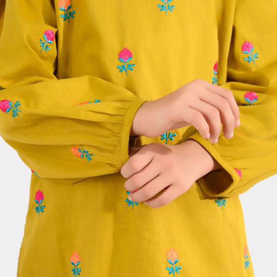 Girls Cotton Slub Embroidered 2-Piece Set (Sama) - Dhani Green