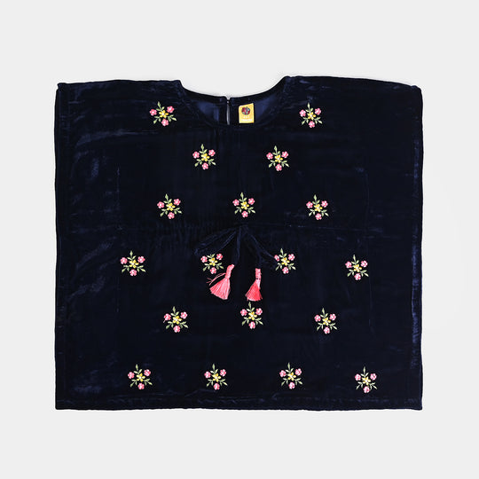 Girls Velvet Emb Top Flowers Bouquet-Navy Blue