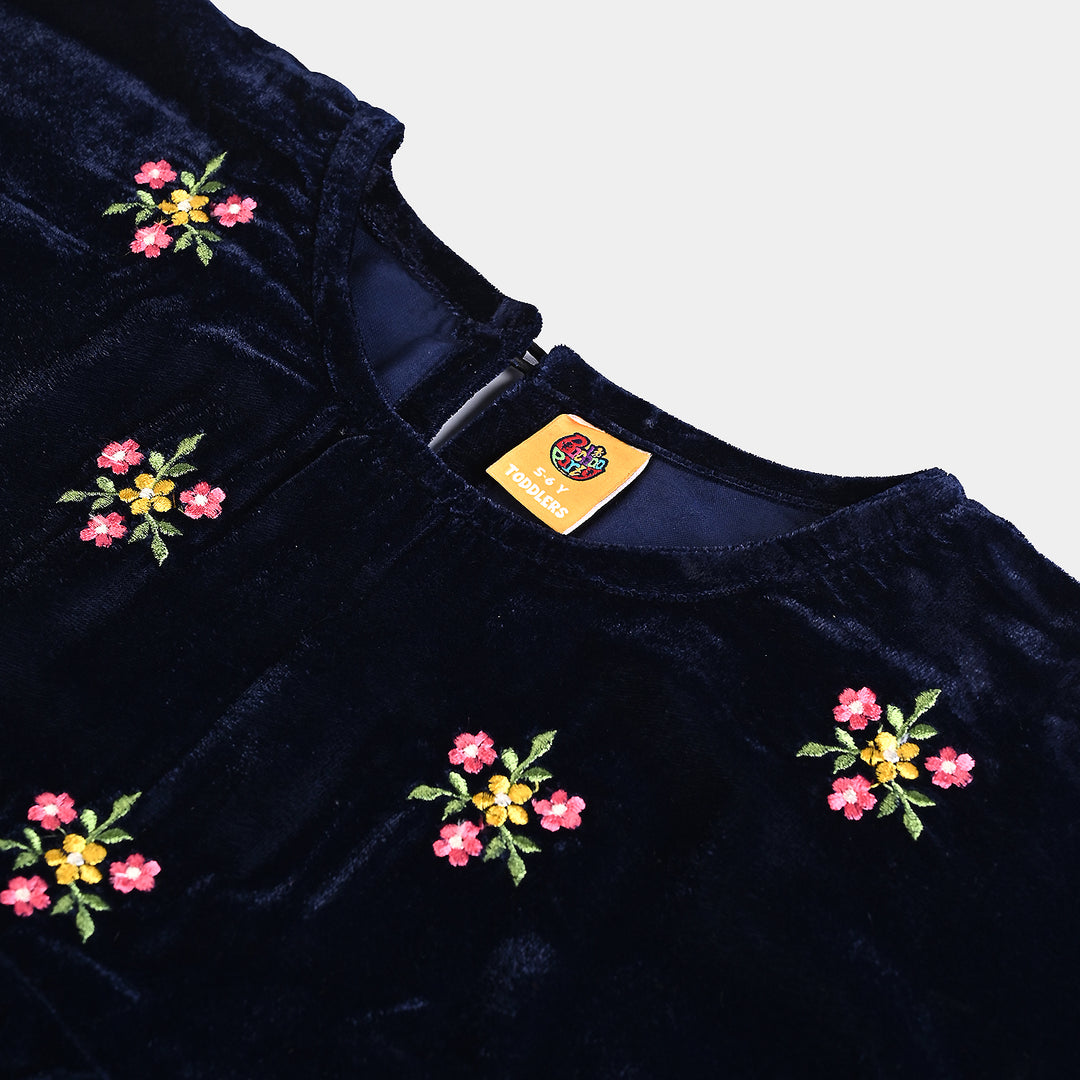 Girls Velvet Emb Top Flowers Bouquet-Navy Blue