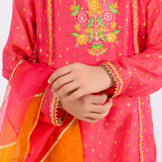 Girls Chiffon 3-Piece Set (Zeenat) - Pink/Orange