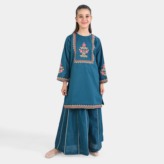 Girls Cotton Slub Emb 2PC Suit Chaman-Ceramic
