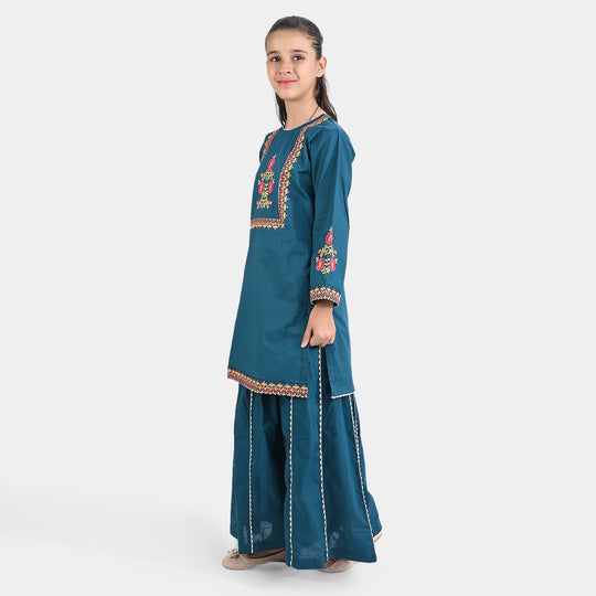 Girls Cotton Slub Emb 2PC Suit Chaman-Ceramic