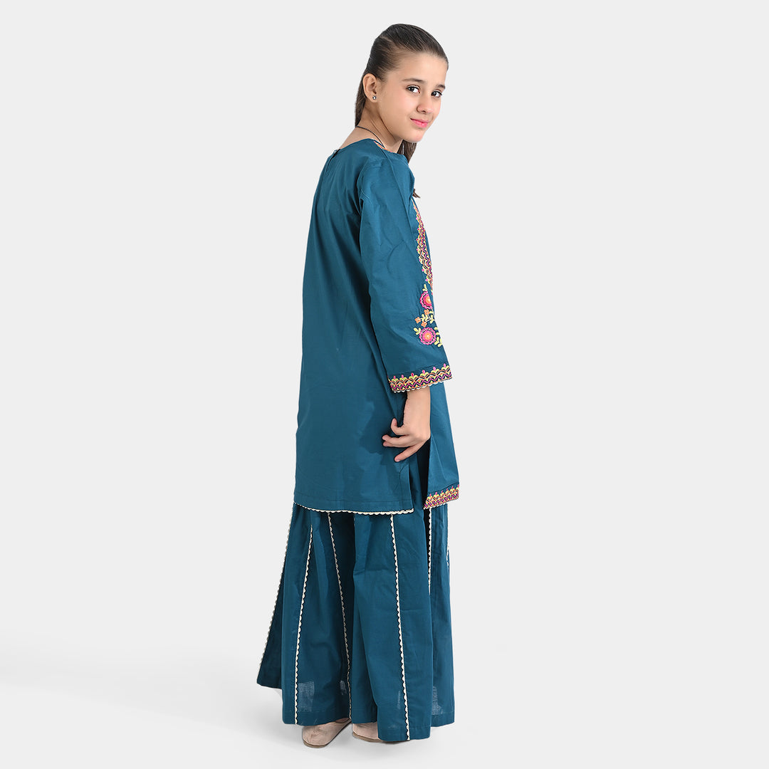 Girls Cotton Slub Emb 2PC Suit Chaman-Ceramic
