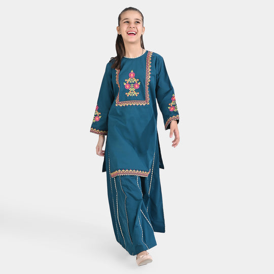 Girls Cotton Slub Emb 2PC Suit Chaman-Ceramic