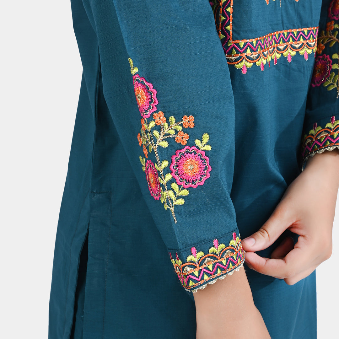 Girls Cotton Slub Emb 2PC Suit Chaman-Ceramic