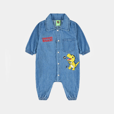 Infant Boys  Denim Romper EMB Dino-LT.Blue