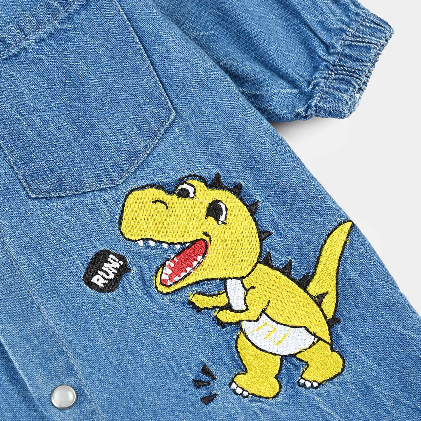 Infant Boys  Denim Romper EMB Dino-LT.Blue