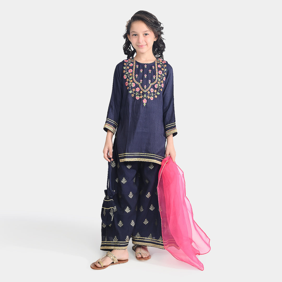 Girls Raw Silk Fancy 4 Pcs Rang -E-Jaahan-Navy Blue