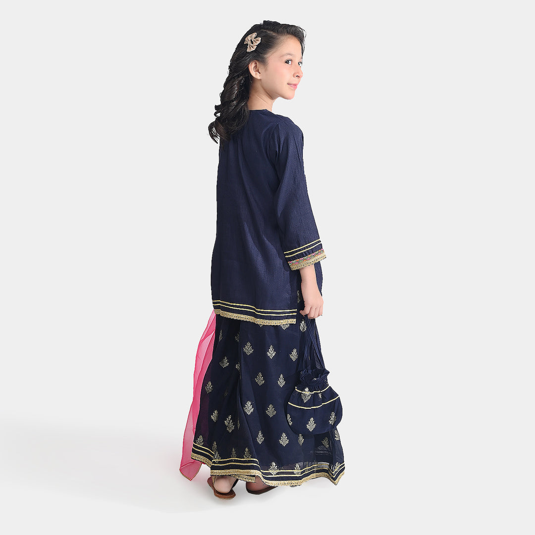 Girls Raw Silk Fancy 4 Pcs Rang -E-Jaahan-Navy Blue