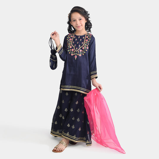 Girls Raw Silk Fancy 4 Pcs Rang -E-Jaahan-Navy Blue