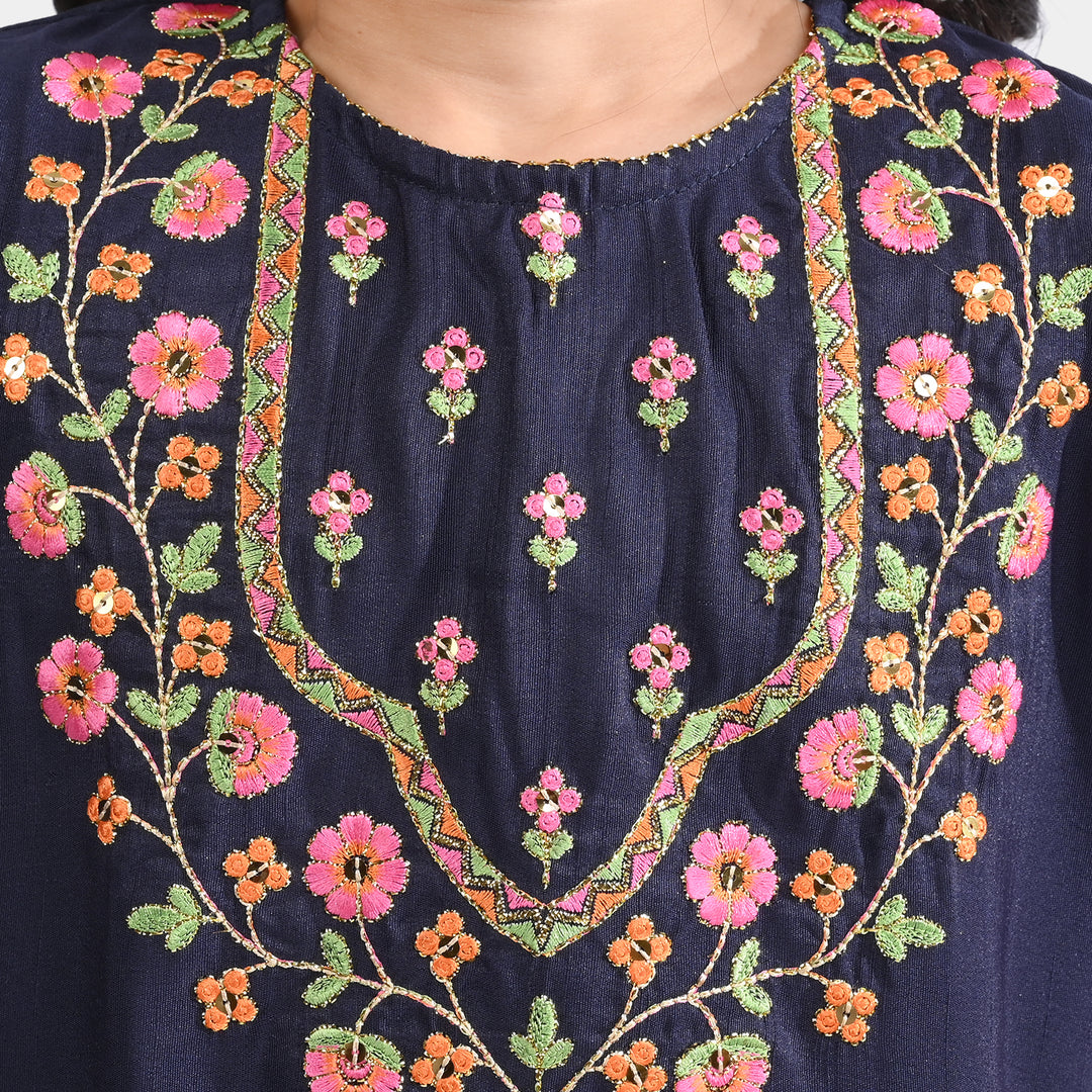 Girls Raw Silk Fancy 4 Pcs Rang -E-Jaahan-Navy Blue