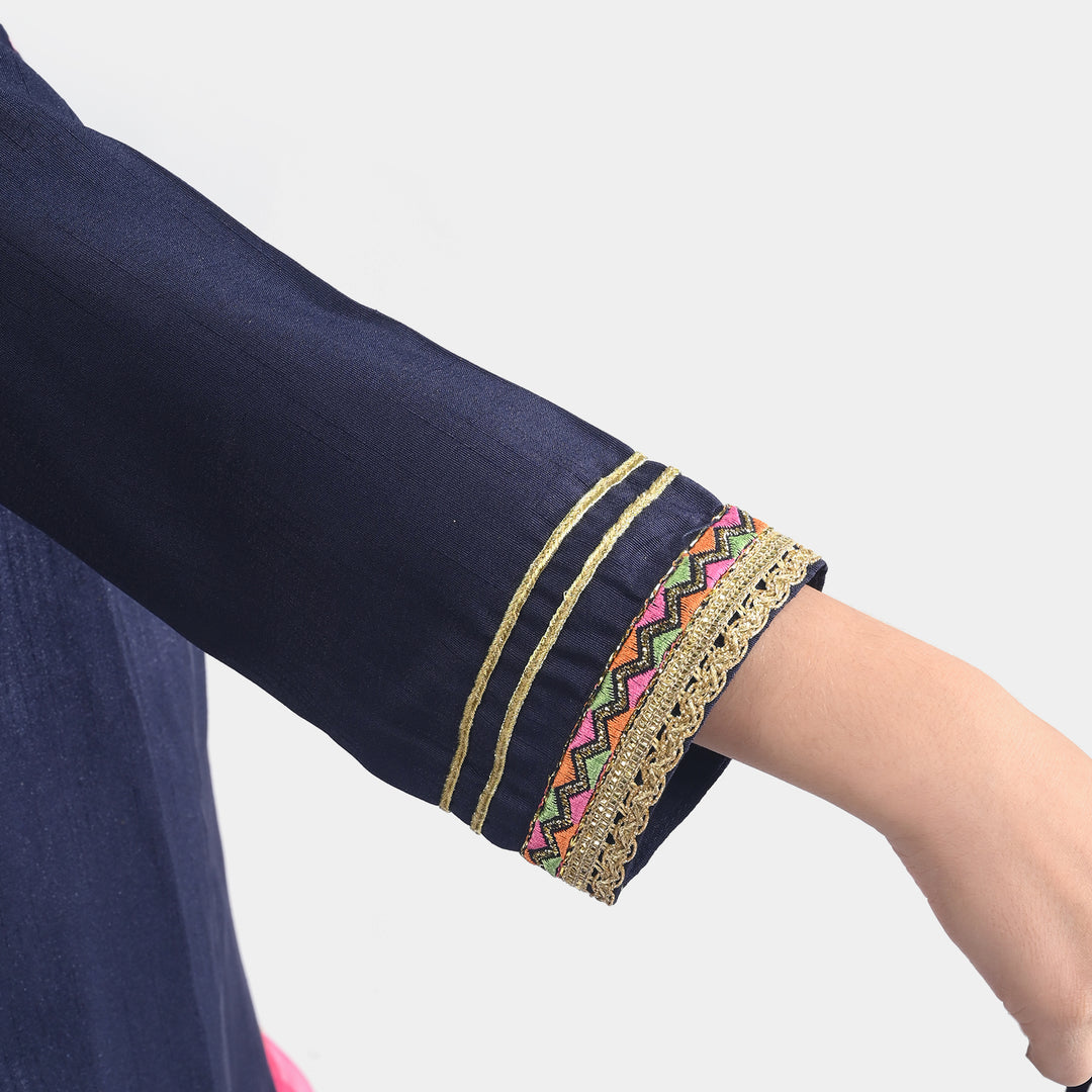Girls Raw Silk Fancy 4 Pcs Rang -E-Jaahan-Navy Blue