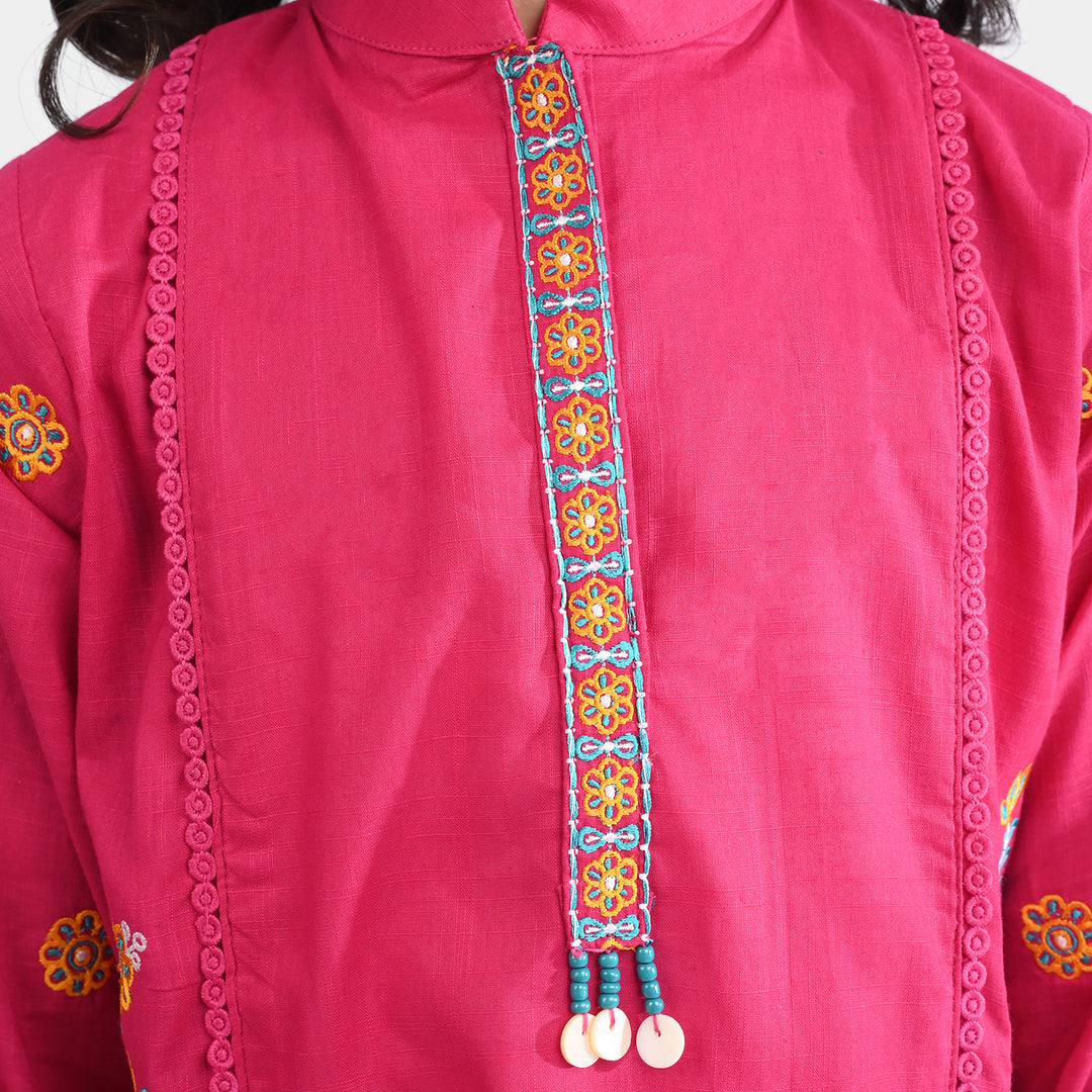 Girls Cotton Slub Emb Kurti-Bright Pink