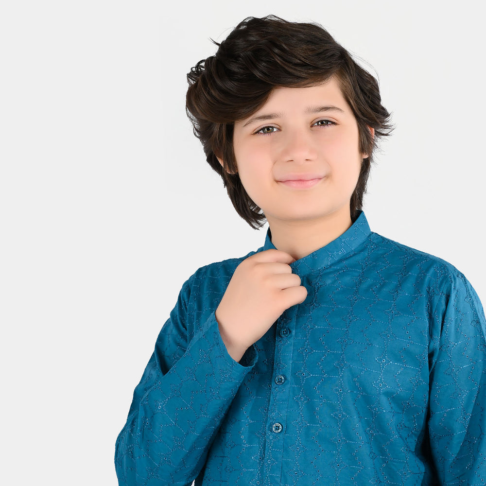 Boys Cotton Poplin Chicken Kari Kurta - Teal Blue