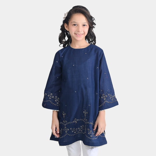 Girls Cotton Slub Emb Kurti-Navy Blue