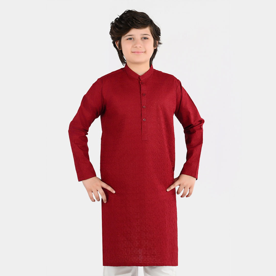 Boys Cotton Poplin Embroidered Kurta (Winery Chicken Kari) - Maroon