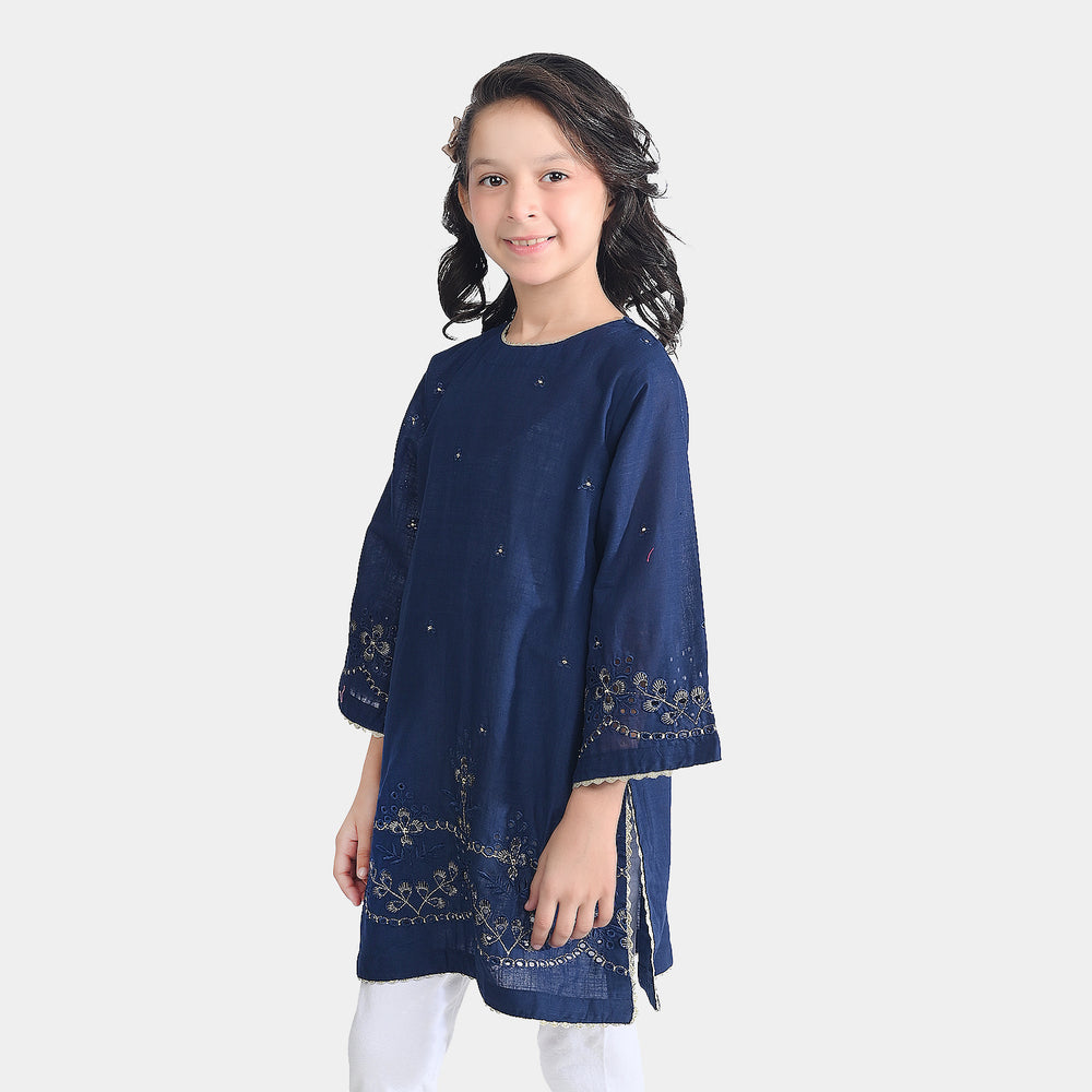 Girls Cotton Slub Emb Kurti-Navy Blue