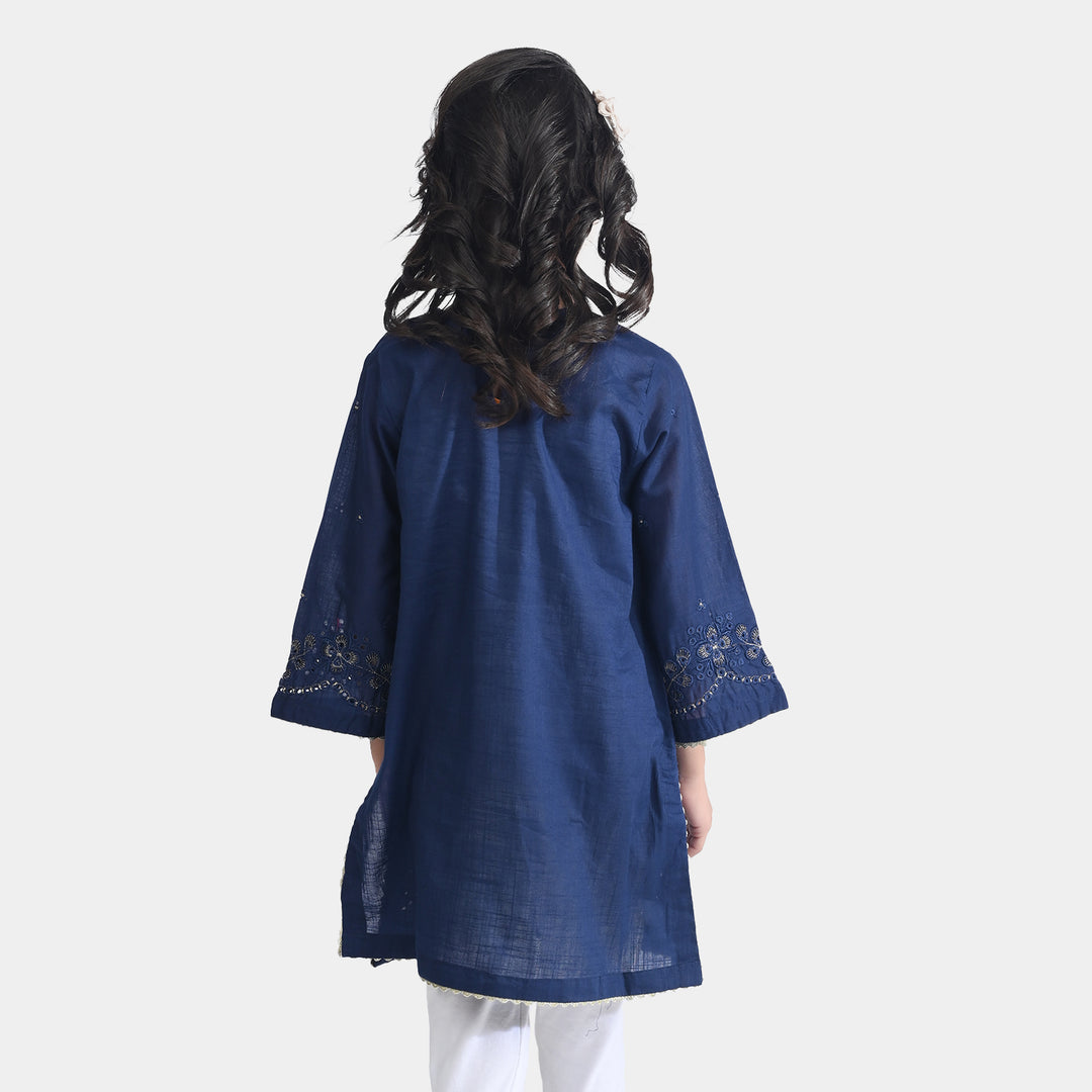 Girls Cotton Slub Emb Kurti-Navy Blue