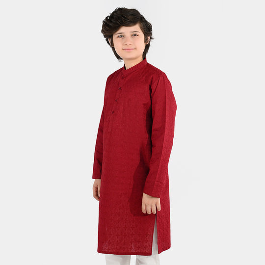 Boys Cotton Poplin Embroidered Kurta (Winery Chicken Kari) - Maroon