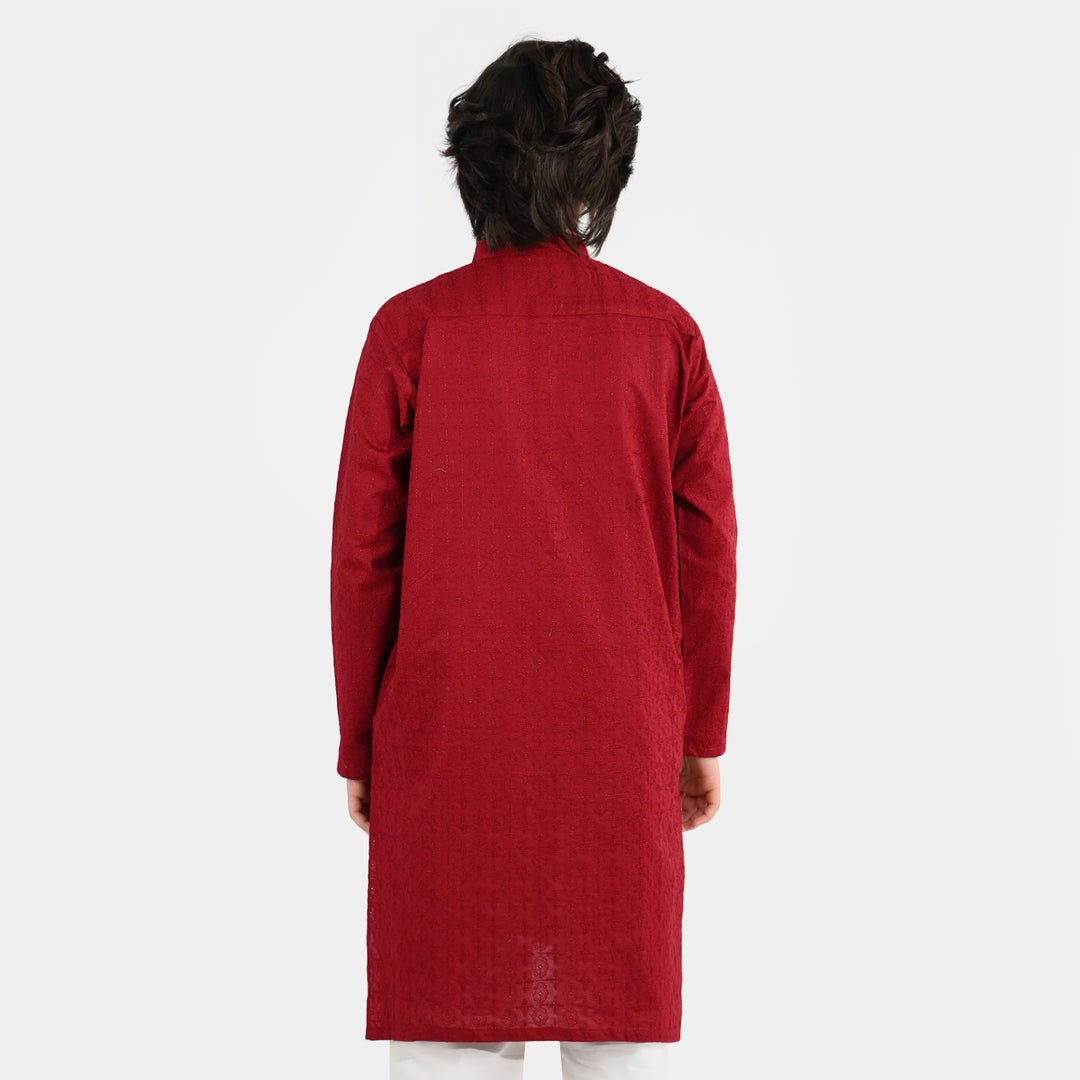 Boys Cotton Poplin Embroidered Kurta (Winery Chicken Kari) - Maroon