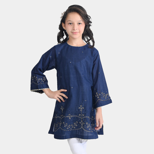 Girls Cotton Slub Emb Kurti-Navy Blue