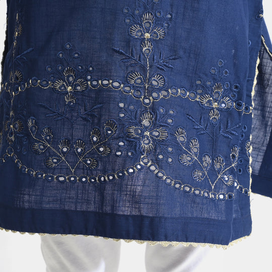 Girls Cotton Slub Emb Kurti-Navy Blue