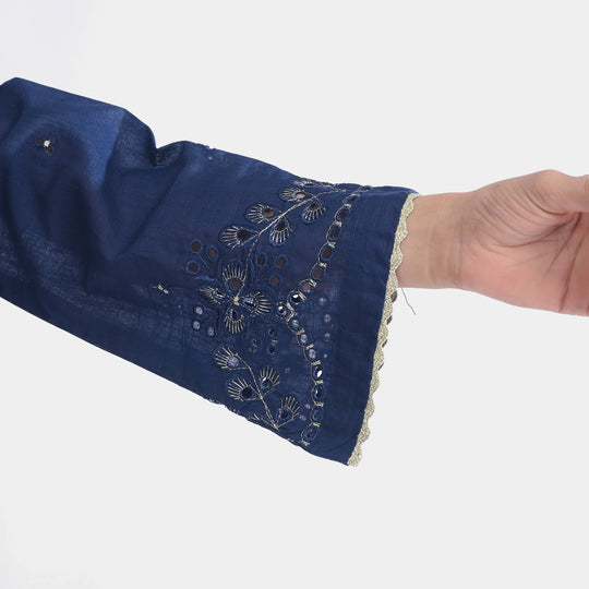 Girls Cotton Slub Emb Kurti-Navy Blue