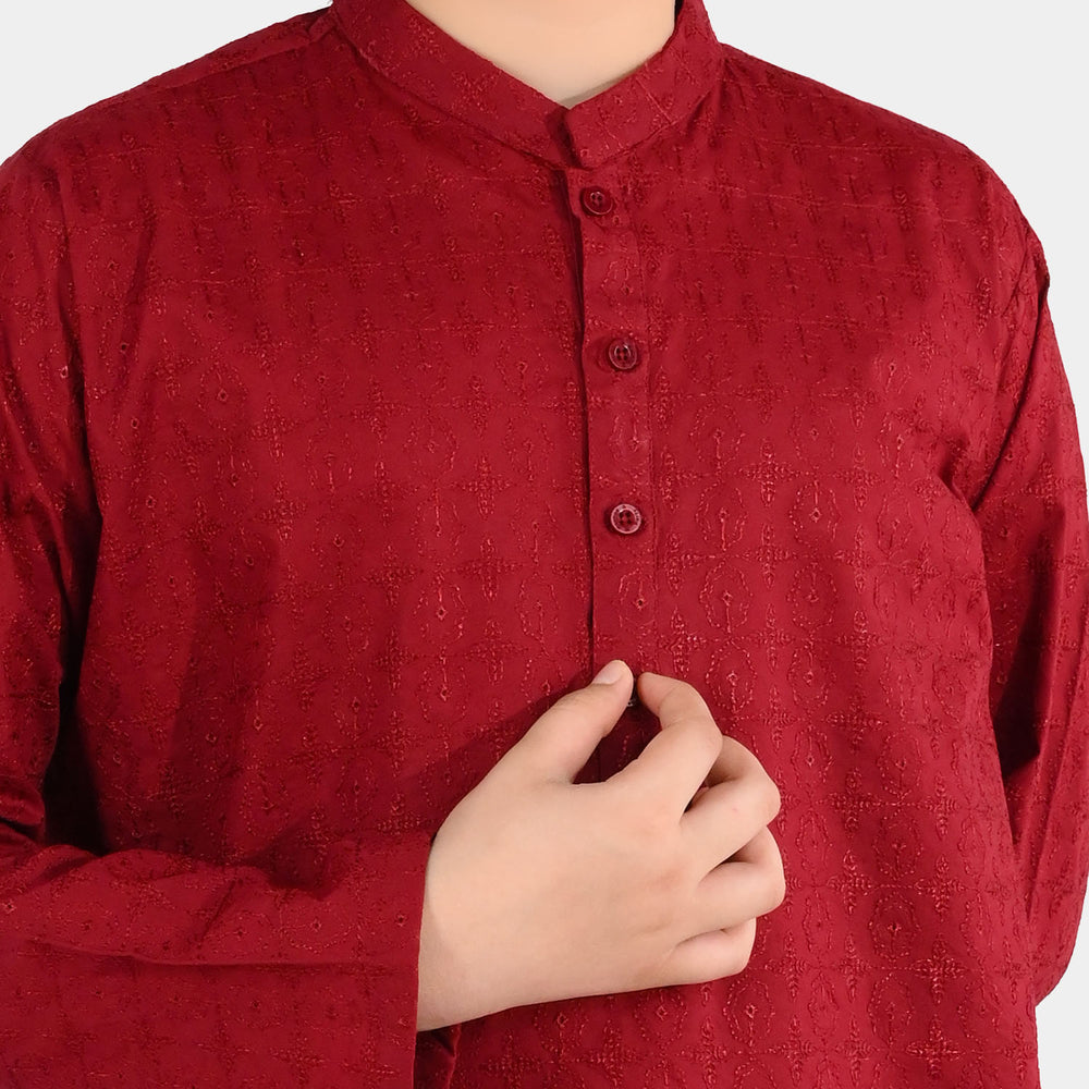 Boys Cotton Poplin Embroidered Kurta (Winery Chicken Kari) - Maroon