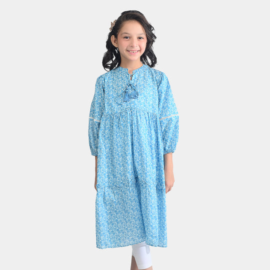 Girls Cotton Poplin Long Dress Blue Floral