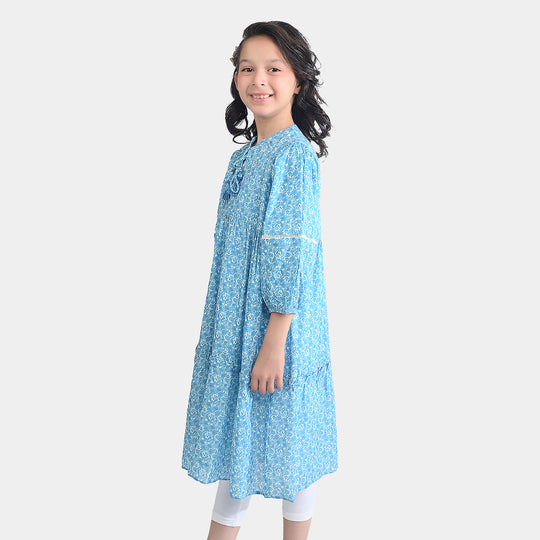 Girls Cotton Poplin Long Dress Blue Floral
