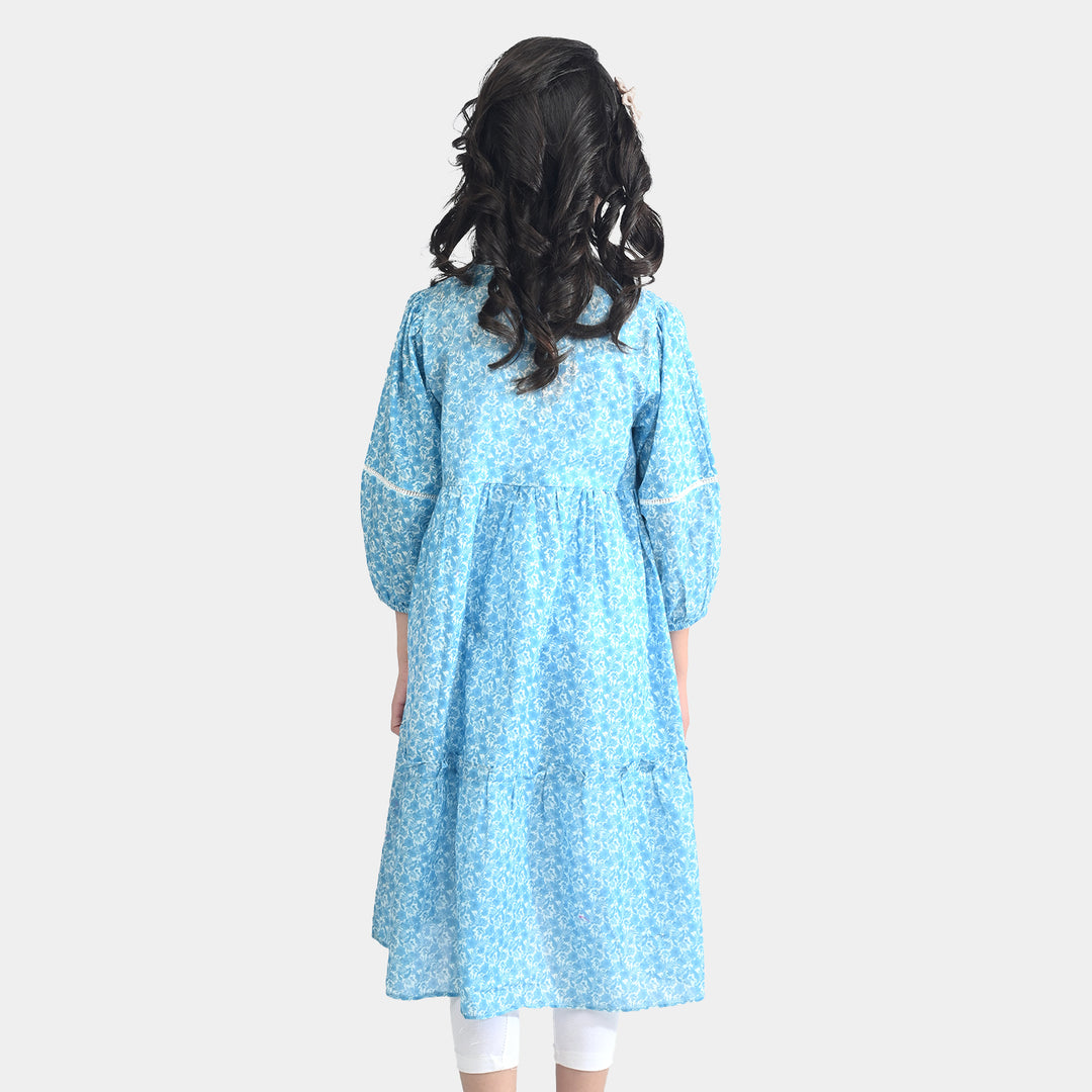 Girls Cotton Poplin Long Dress Blue Floral