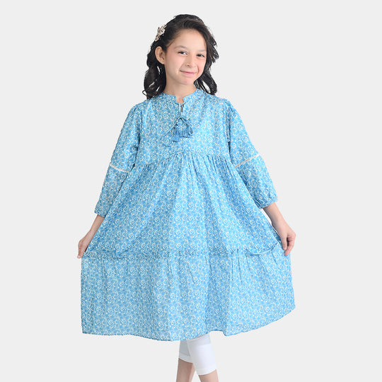 Girls Cotton Poplin Long Dress Blue Floral