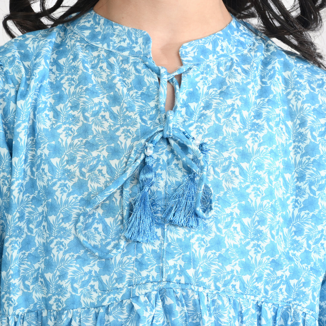 Girls Cotton Poplin Long Dress Blue Floral