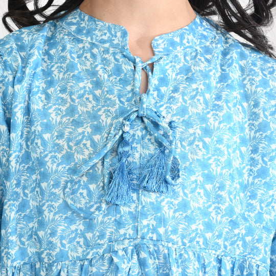 Girls Cotton Poplin Long Dress Blue Floral