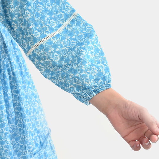 Girls Cotton Poplin Long Dress Blue Floral