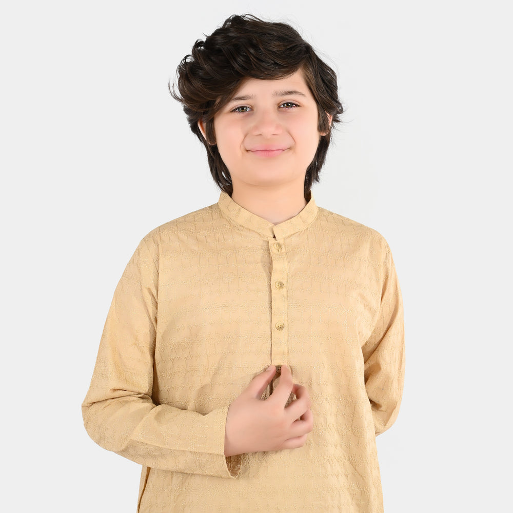 Boys Cotton Poplin Kurta Pajama (Chicken Kari) - Beige